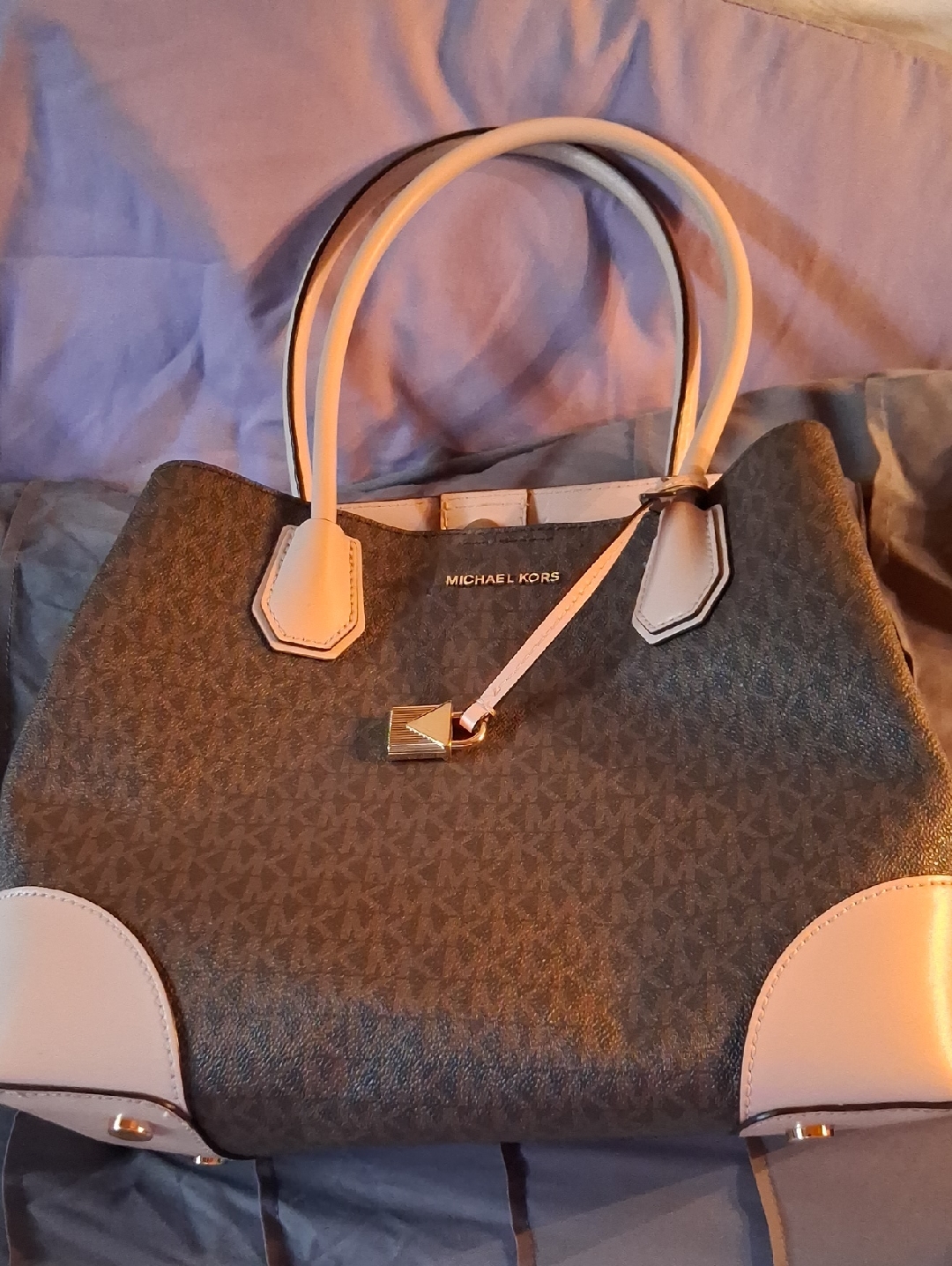 Michael Kors Brown Mk Logo Tote With Pale Pink Trim